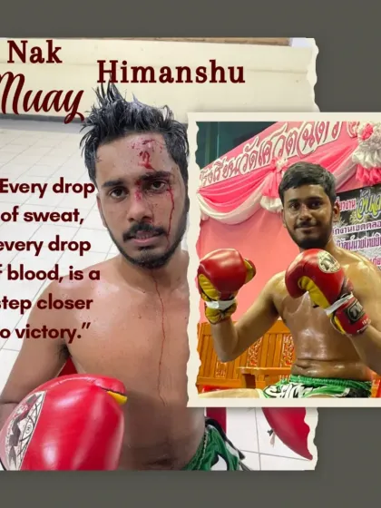 "Every drop of sweat, every drop of blood, is a step closer to victory." This image of Nak Muay Himanshu captures the heart and grit of a true fighter.