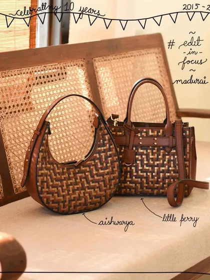Our Aishwarya and Little Perry bags in the signature Madurai weave. This edit combines three of our classic leathers into an intricate pattern, offering a unique twist on a timeless look that’s perfect for any bag style.