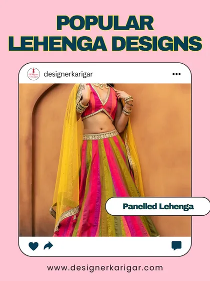 A multi-colored panelled lehenga, perfect for a vibrant Mehendi or Sangeet ceremony. The different panels allow for a playful use of colors and patterns.