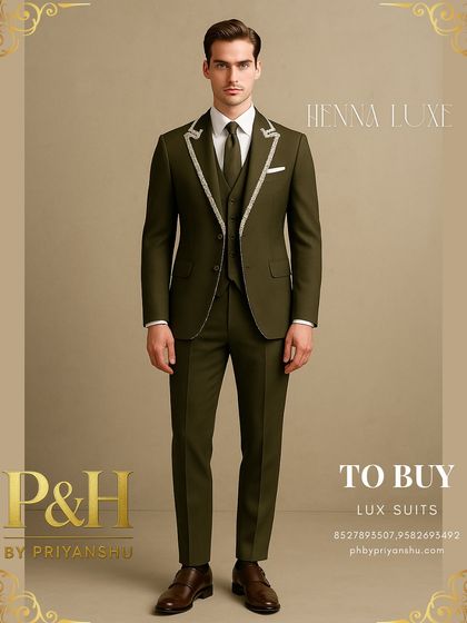 This angle captures the complete, polished look of the olive green three-piece ensemble.