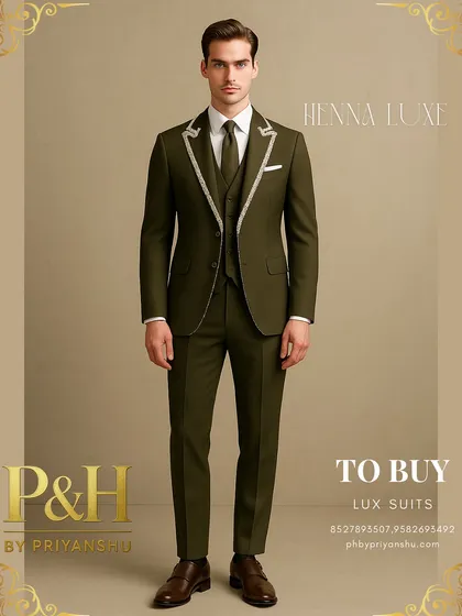 This angle captures the complete, polished look of the olive green three-piece ensemble.