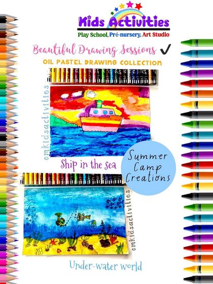 Summer camp creations. This collection of oil pastel drawings, featuring a ship at sea and an underwater world, showcases the artistic skills and themes explored during our fun-filled summer programs.