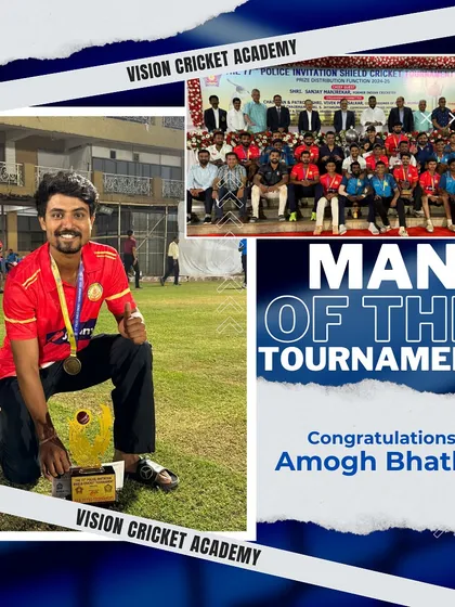 Leading by example. A graphic celebrating coach Amogh Bhatkal being named 'Man of the Tournament' in the prestigious Police Shield tournament for scoring 460 runs in 6 innings.
