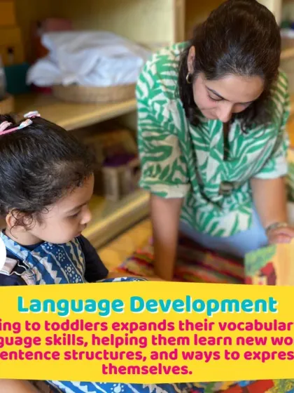 A parent reads to her toddler, a simple act that significantly boosts language development. Our space is designed to encourage these valuable one-on-one moments.