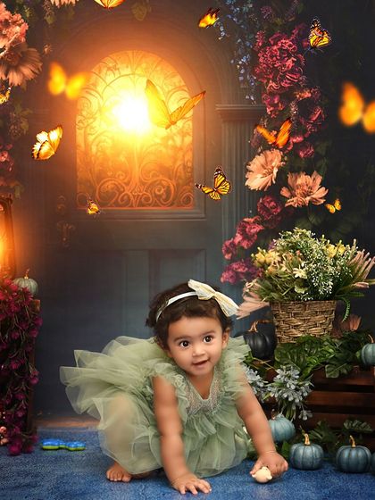 Surrounded by magical butterflies in our enchanted forest. This setup is designed to spark wonder and create truly breathtaking portraits.