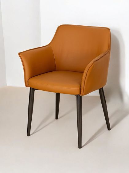 Another view of our comfortable and stylish tan armchair. The sleek design with supportive armrests makes it a versatile piece for the living room, dining room, or study.