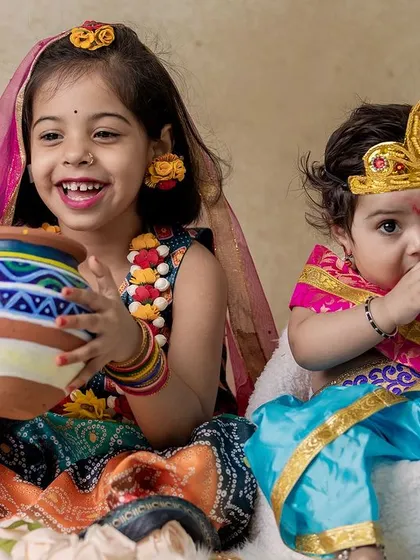 A joyful Janmashtami themed shoot with siblings dressed as Radha and Krishna. I offer special festive shoots to celebrate cultural traditions with adorable, memorable portraits.