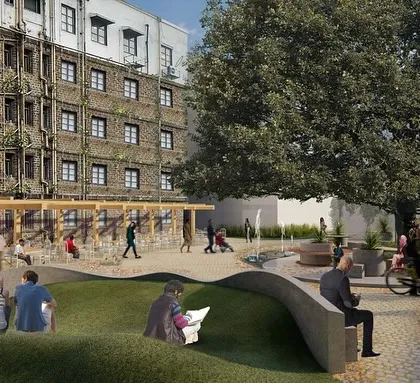A wider view of the proposed public space for 'The Estate.' The design introduces green, undulating landscapes and varied seating to create a dynamic and welcoming environment for people to gather.