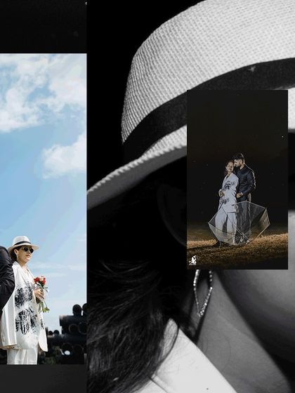 An artistic collage combining close-up details with wider shots, telling a modern love story in black and white.