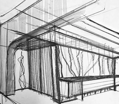 An initial concept sketch for the bar area of the neoclassic villa. This is where the first ideas about form, flow, and atmosphere take shape before being developed into detailed models.