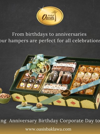 From birthdays to anniversaries, our hampers are perfect for all celebrations. This one includes assorted chocolates, baklawa, and jars of honey and nuts.