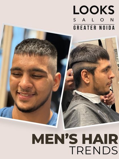 Another before-and-after collage of a men's haircut, showing the transformation to a clean and modern style.