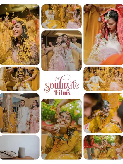 A collage that captures the essence of a Haldi ceremony. It's a whirlwind of yellow, flowers, laughter, and love, all beautifully preserved in one collection.