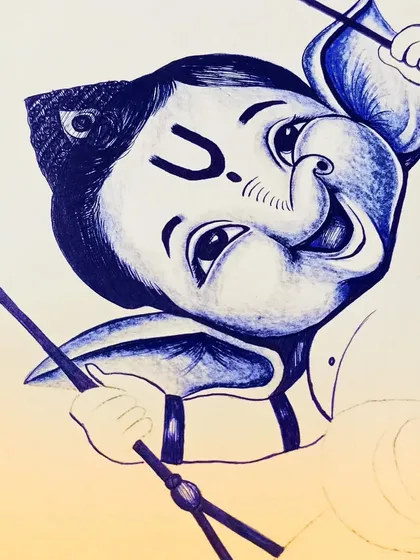 A work-in-progress shot of the Ganpati pen sketch. You can see how I build up the layers of ink to create depth.