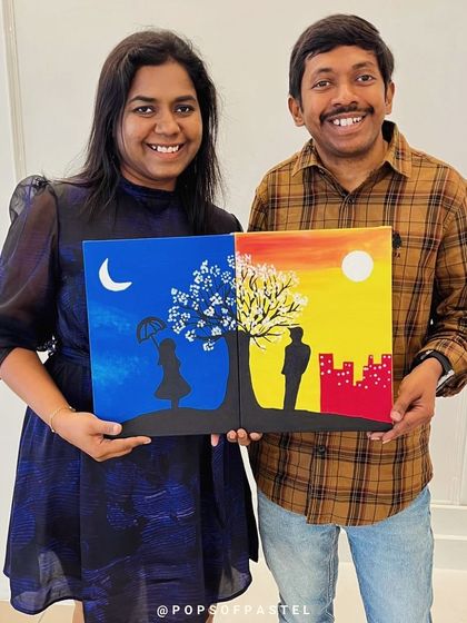 This couple celebrated their anniversary with a creative date night, painting a unique "day and night" diptych canvas.
