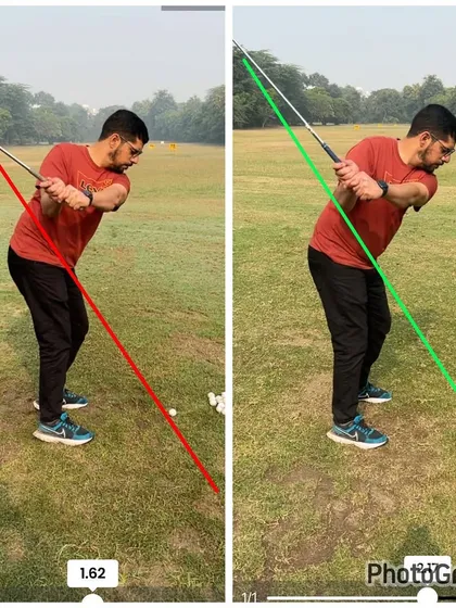 This comparison of the backswing shows how we've improved the club's path. The 'after' swing is much more connected and less steep, setting up a better downswing.