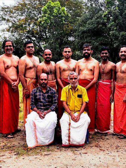Our senior Panchavadhyam batch with their respected teachers, Shri Trikkur Rajan Marar and Shri Kalanilayam Mohandas.