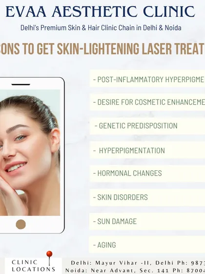 This infographic lists common reasons clients seek skin-lightening laser treatment, such as sun damage, hormonal changes, hyperpigmentation, and post-inflammatory hyperpigmentation.