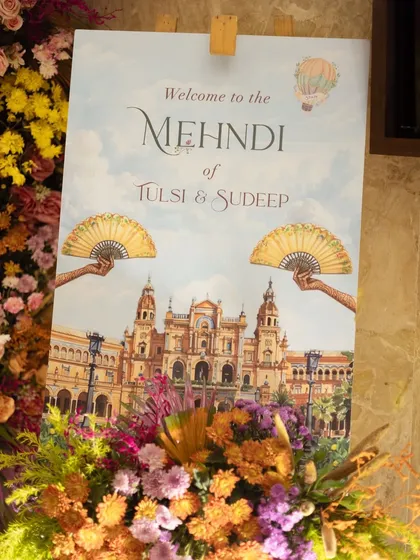 A beautiful welcome sign for a Mehendi ceremony in Udaipur, featuring custom artwork that reflects the event's theme.