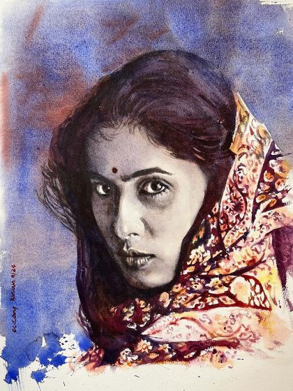 A portrait of the legendary actress Smita Patil, painted with a limited, moody palette. Her intense gaze and the rustic pattern of her sari were the focus of this piece.
