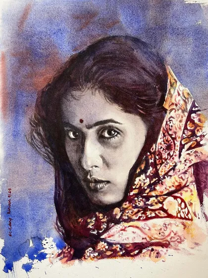 The unframed version of the Smita Patil portrait, showcasing the raw edges and the texture of the watercolor paper.