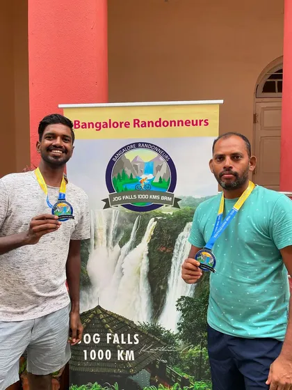 Two finishers celebrate their success at the Jog Falls 1000K BRM. Sharing the journey and the triumph with a friend makes the achievement even sweeter.