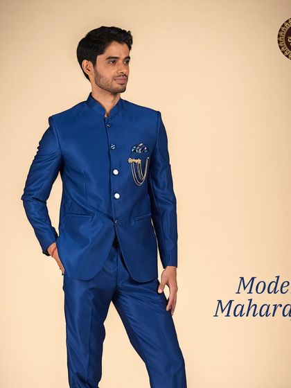 Modern Maharaja. A vibrant royal blue Bandhgala suit that is both bold and regal, perfect for making a statement.