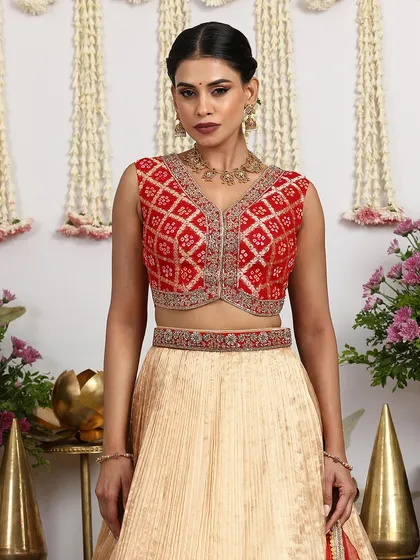 A close-up of the sleeveless red blouse, featuring a V-neck and intricate embroidery. It is a versatile piece that can be styled in multiple ways.