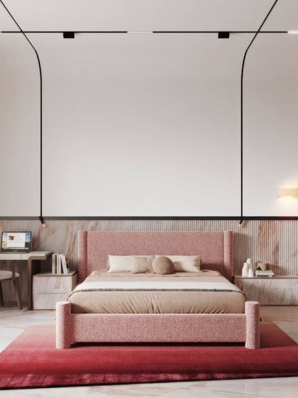 A modern bedroom designed with a youthful, chic vibe. The renders feature a pink color scheme, contemporary track lighting, and playful elements like a hanging swing chair, showing our versatility in style.