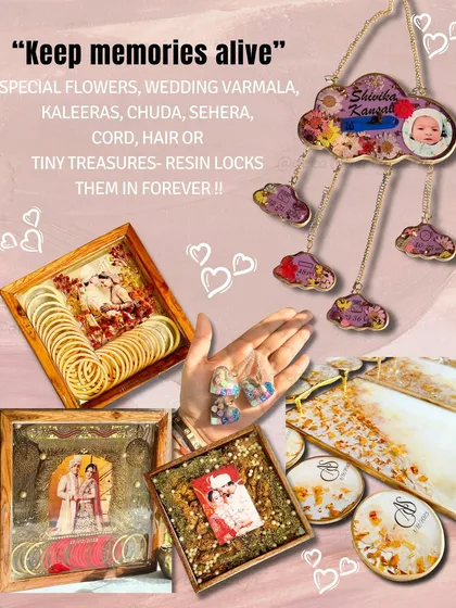 From wedding garlands and baby's first photo to special flowers and tiny treasures, I can lock your memories in resin forever. This is just a small glimpse of the different ways we can preserve what matters most to you.