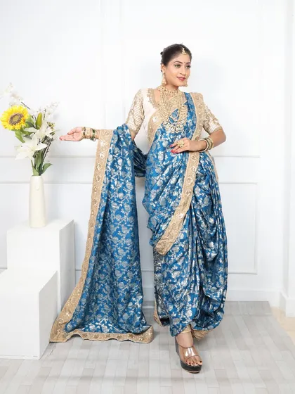 Another angle of the full-length blue Nauvari, perfect for capturing the entire look.