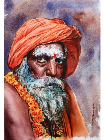 A portrait of a sadhu, where the focus is on the textures of the beard and the saffron-colored turban. This piece teaches how to render different materials and expressions with authenticity.