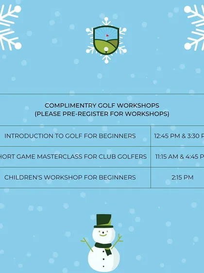 Our Winter Fiesta event schedule, featuring complimentary workshops for all levels, including an introduction for beginners, a short game masterclass, and a children's workshop.