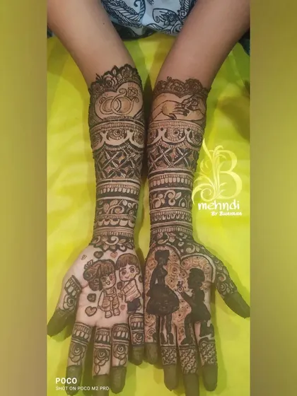 I can also create fun, modern designs. This custom henna features cute cartoon-style portraits and silhouettes, telling a couple's story in a playful and unique way.