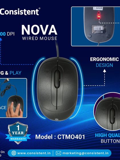 My "Nova" wired mouse is a simple and effective plug-and-play device with a 1000 DPI optical sensor. Its ergonomic design and high-quality buttons ensure comfort and durability for everyday professional or student use.