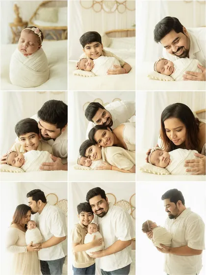 This collage showcases the variety of moments from a single light and airy newborn session, from full family portraits to tender parent-child interactions.