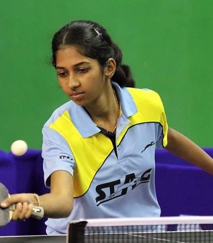 Samyuktha A demonstrating her powerful forehand. Her strong performance at the All India University Nationals is a testament to her dedication.