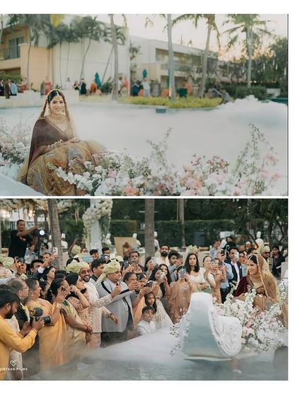 The bride's unique entry on a boat-like platform, surrounded by friends and family. This shows a creative and memorable moment from the wedding day.