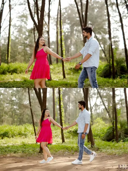 Hand in hand, Pritish and Sampada take a walk through a sunlit forest. This pre-wedding photo captures the easy, natural connection between a couple in a serene, outdoor setting.