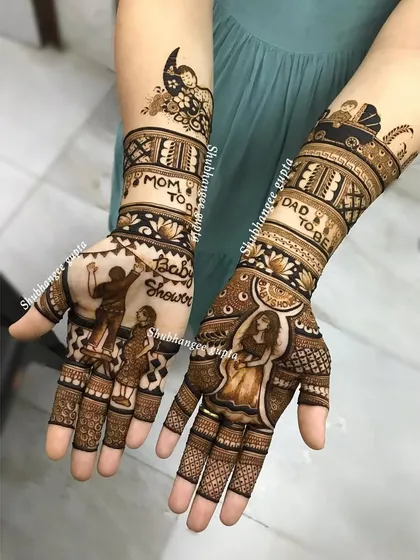Mehndi is for all of life's beautiful moments. This was a special design for a baby shower, featuring portraits of the mom and dad to be, along with cute baby themed elements. I can customize designs to celebrate any milestone.