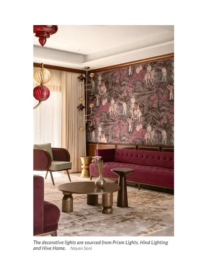 Another clipping from our AD feature, this time of the "Tinted Tapestries" living room with its bold wallpaper and custom furniture.