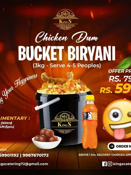 Enjoy your happiness with our Chicken Dum Bucket Biryani combo. This poster shows our two popular offers. The full combo at ₹1199 is a complete meal with starters and gravy, perfect for a family feast.