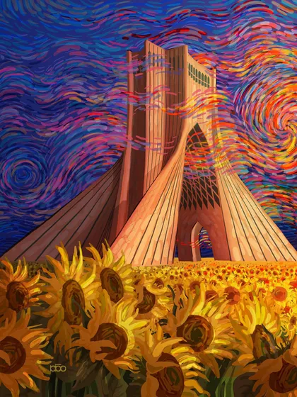 A symbol of hope for my homeland, Iran. The Azadi Tower in Tehran rises from a field of sunflowers, its form draped in flowing colors against a swirling, vibrant sky, representing a prayer for freedom and light.