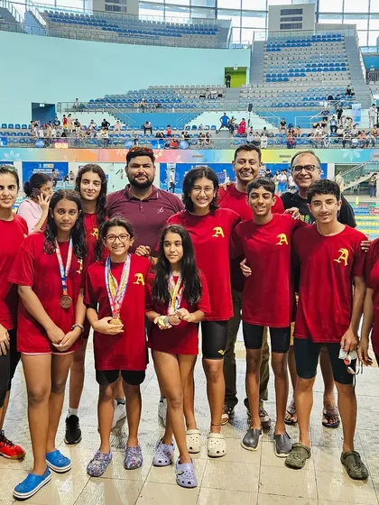 The entire Ace Aquatic family, including swimmers and proud parents, celebrating our 'Best Academy' award at the Delhi Open Swim Meet. This is a team effort.
