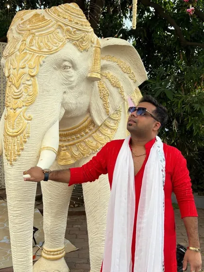 Posing next to a beautiful elephant statue, a common element in grand Indian wedding decor. My outfit complements the festive and royal ambiance.