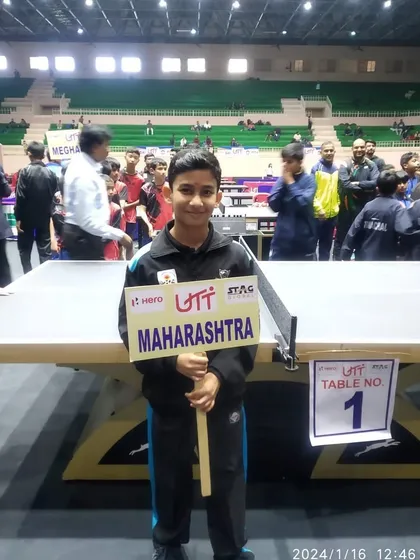 Aakarshan Yadav representing Maharashtra at the National Championship in Indore, where he reached the quarterfinals in the U-11 boys' event.