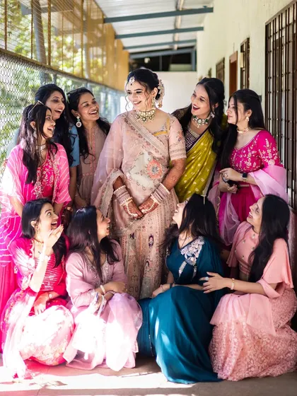 A fun and candid shot of the bride with her entire bride tribe.