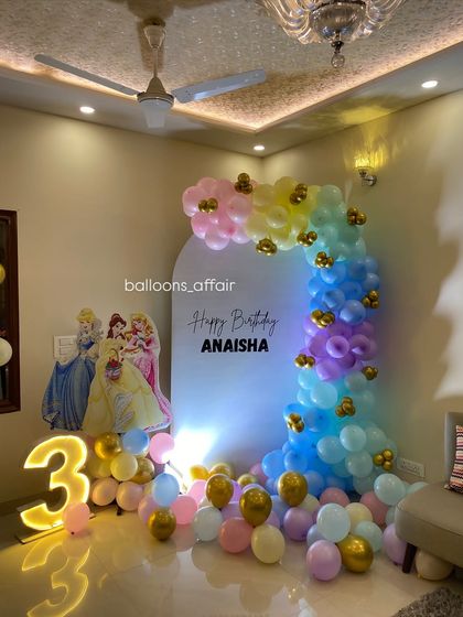 A wide shot of the princess party decor, showing how it transforms the room into a magical space.