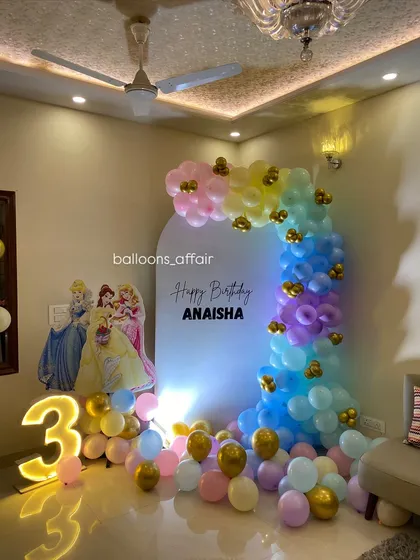 A wide shot of the princess party decor, showing how it transforms the room into a magical space.
