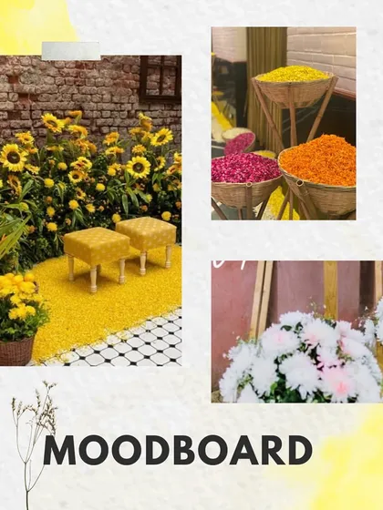 More visual cues for the 'Haldi Holi' party, focusing on the use of sunflowers, tie-dye patterns, and baskets of colorful gulal.